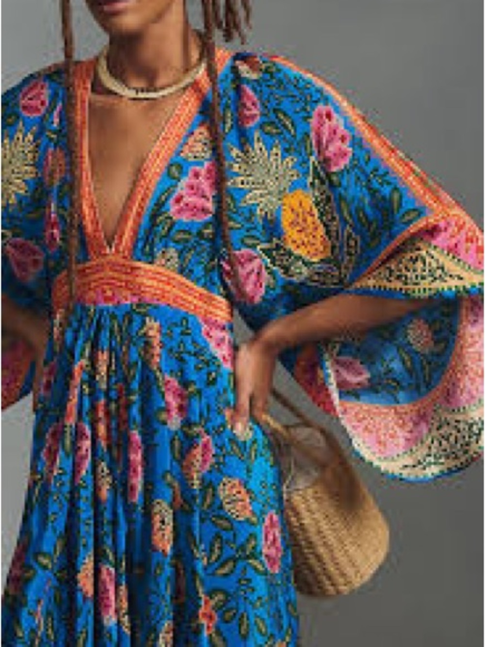 FARM Rio Blue Floral V-Neck Maxi Dress with Orange Accents - Picture 2 of 3